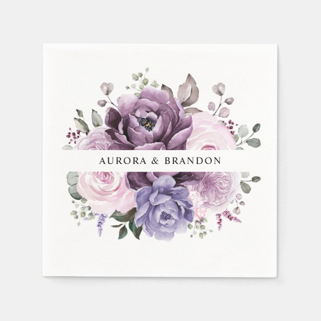 Shades of Dusty Purple Blooms Moody Floral Wedding Napkin (Front)
