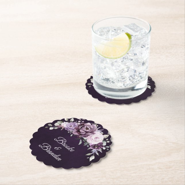 Shades of Dusty Purple Blooms Moody Floral Wedding Paper Coaster (Insitu)