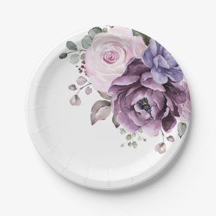 Shades of Dusty Purple Blooms Moody Floral Wedding Paper Plate