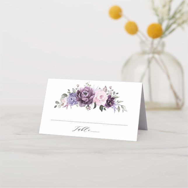 Shades of Dusty Purple Blooms Moody Floral Wedding Place Card (Front)
