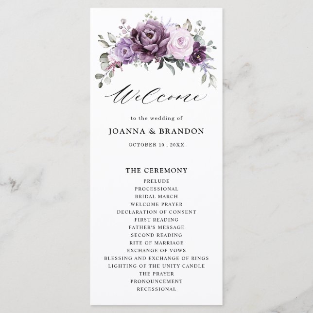 Shades of Dusty Purple Blooms Moody Floral Wedding Programme (Front)