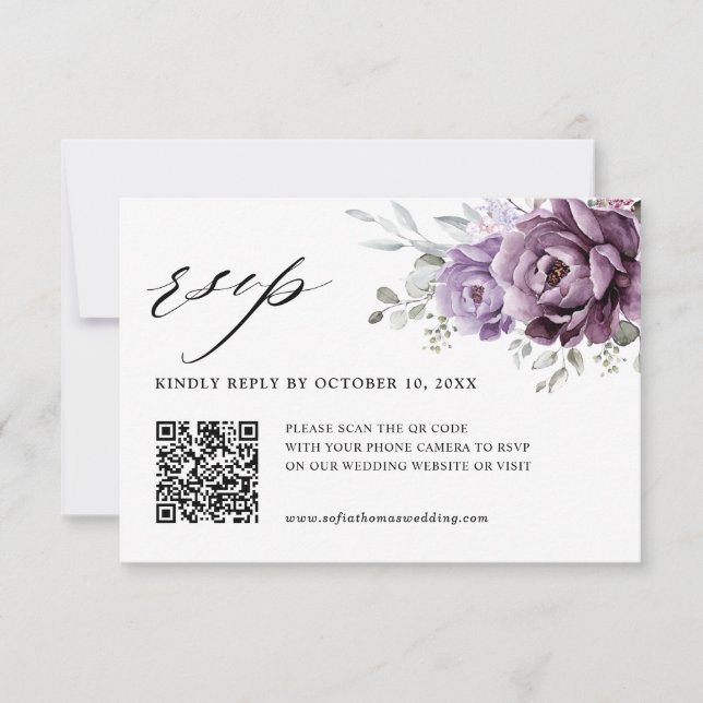 Shades of Dusty Purple Blooms Moody Floral Wedding RSVP Card (Front)