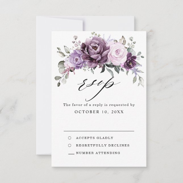 Shades of Dusty Purple Blooms Moody Floral Wedding RSVP Card (Front)