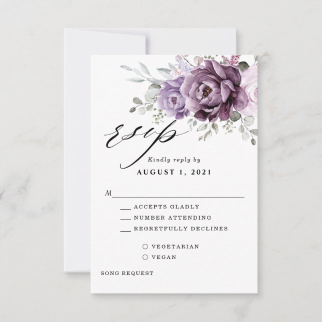 Shades of Dusty Purple Blooms Moody Floral Wedding RSVP Card (Front)