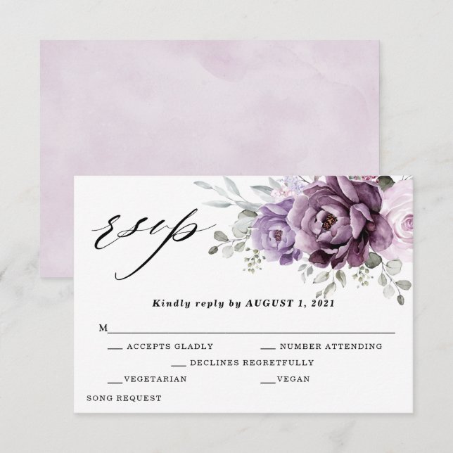 Shades of Dusty Purple Blooms Moody Floral Wedding RSVP Card (Front/Back)