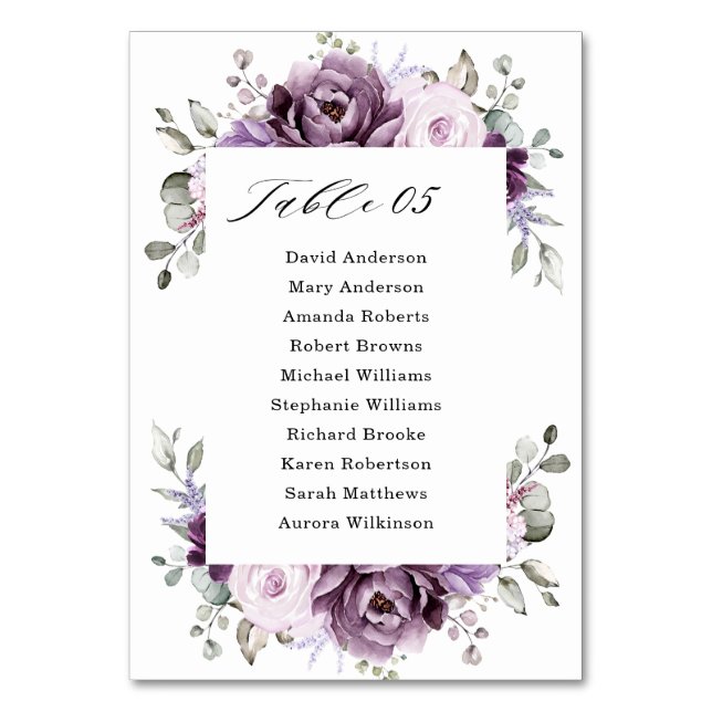 Shades of Dusty Purple Blooms Moody Floral Wedding Table Number (Front)