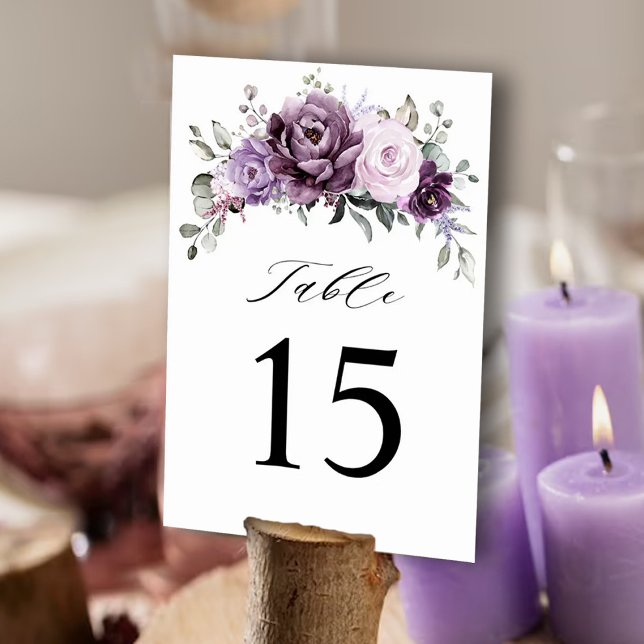 Shades of Dusty Purple Blooms Moody Floral Wedding Table Number (Creator Uploaded)