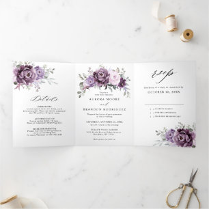 Shades of Dusty Purple Blooms Moody Floral Wedding Tri-Fold Announcement