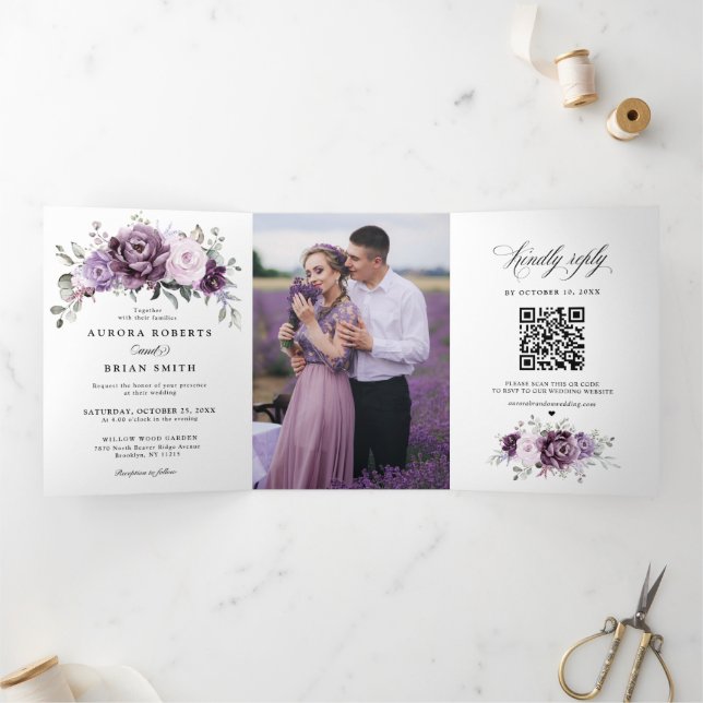 Shades of Dusty Purple Blooms Moody Floral Wedding Tri-Fold Announcement (Inside)
