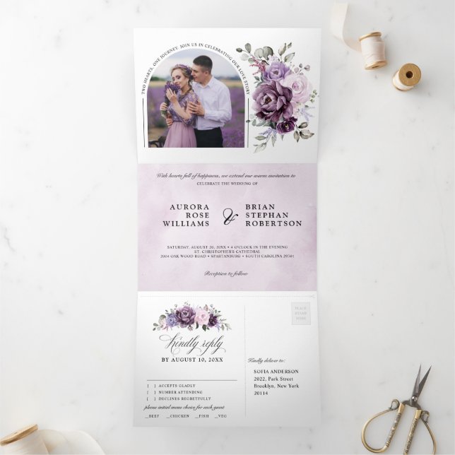 Shades of Dusty Purple Blooms Moody Floral Wedding Tri-Fold Announcement (Inside)