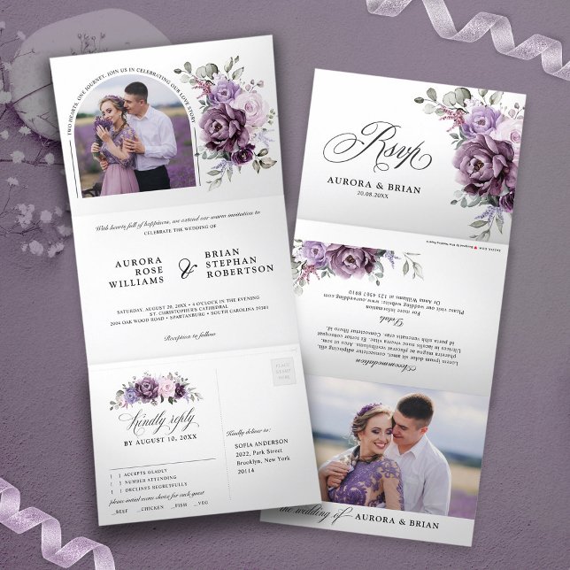 Shades of Dusty Purple Blooms Moody Floral Wedding Tri-Fold Announcement (Shades of dusty purple tri fold modern photo wedding invitation)