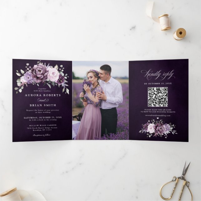 Shades of Dusty Purple Blooms Moody Floral Wedding Tri-Fold Announcement (Inside)