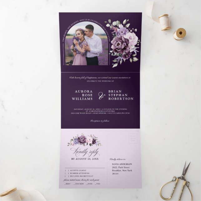 Shades of Dusty Purple Blooms Moody Floral Wedding Tri-Fold Announcement (Inside)