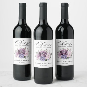 Shades of Dusty Purple Blooms Moody Floral Wedding Wine Label