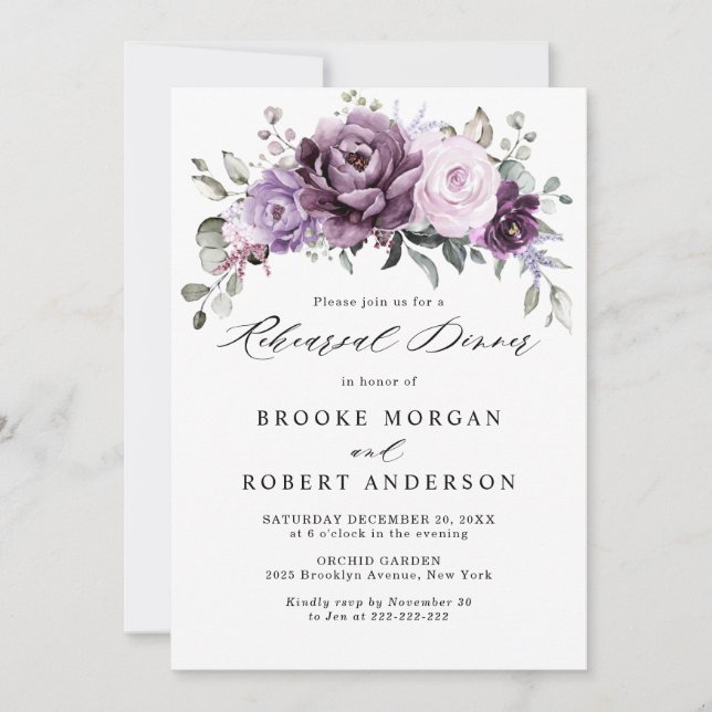 Shades of Dusty Purple Blooms Rehearsal Dinner Invitation (Front)