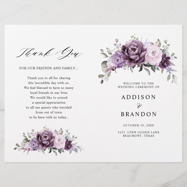Shades of Dusty Purple Blooms Wedding Program (Front)