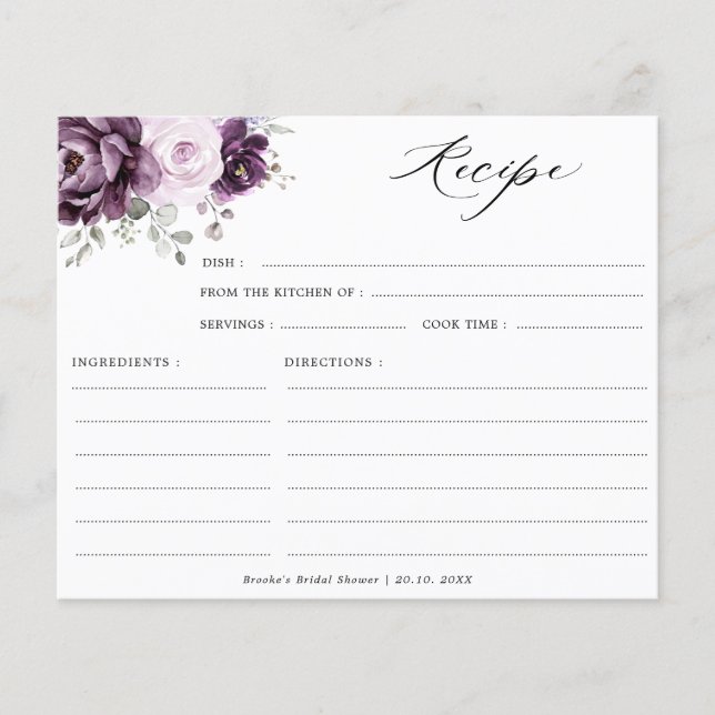 Shades of Dusty Purple Blooms Wedding Recipe card (Front)