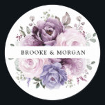 Shades of Dusty Purple Blooms  Wedding Thank you Classic Round Sticker<br><div class="desc">Elegant and modern floral midsummer wedding envelope seal sticker features a bouquet of watercolor roses peonies in shades of purple plum, dusty rose, dusty pink , mauve, sage with lush green botanical leaves and eucalyptus. Please find more matching designs and variations from my "blissweddingpaperie" store. And feel free to contact...</div>
