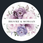 Shades of Dusty Purple Blooms  Wedding Thank you Classic Round Sticker<br><div class="desc">Elegant and modern floral midsummer wedding envelope seal sticker features a bouquet of watercolor roses peonies in shades of purple plum, dusty rose, dusty pink , mauve, sage with lush green botanical leaves and eucalyptus. Please find more matching designs and variations from my "blissweddingpaperie" store. And feel free to contact...</div>