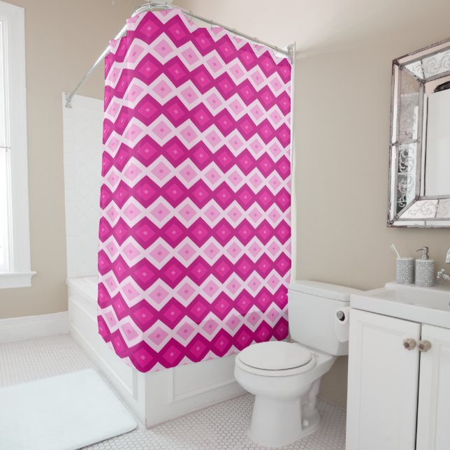 Shades of fuchsia diamond pattern shower curtain (In Situ)