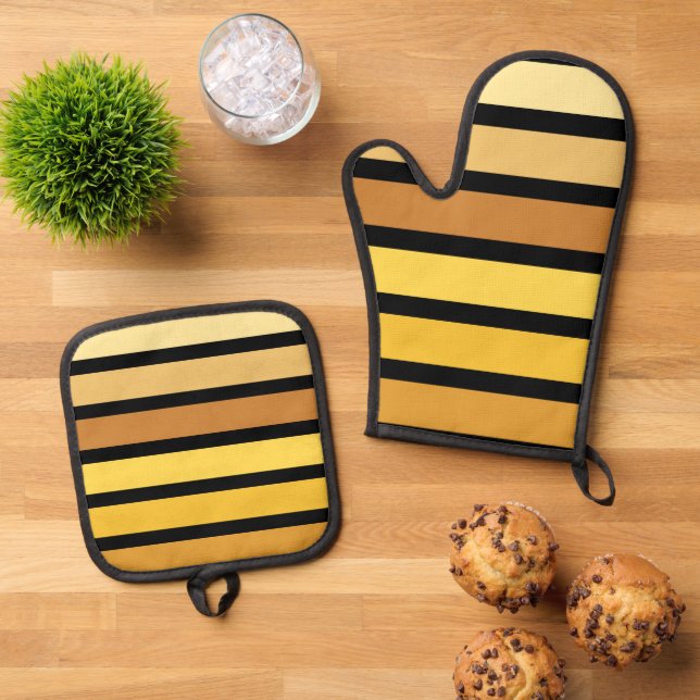 Shades Of Golden Yellow Stripes On Black  Oven Mitt & Pot Holder Set (Top Down)