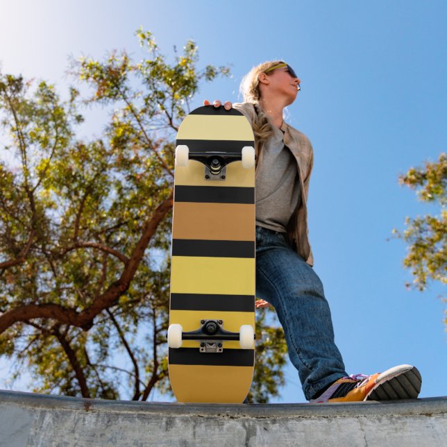 Shades Of Golden Yellow Stripes On Black  Skateboard (Outdoor 1)