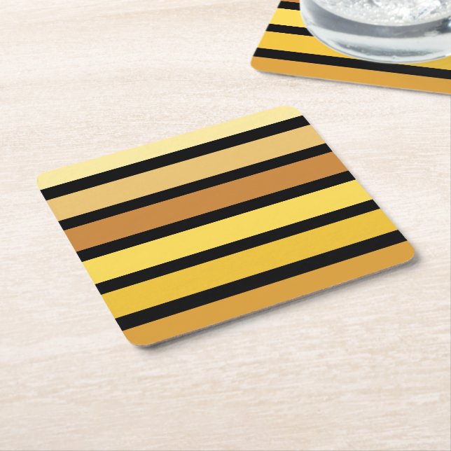 Shades Of Golden Yellow Stripes On Black  Square Paper Coaster (Angled)