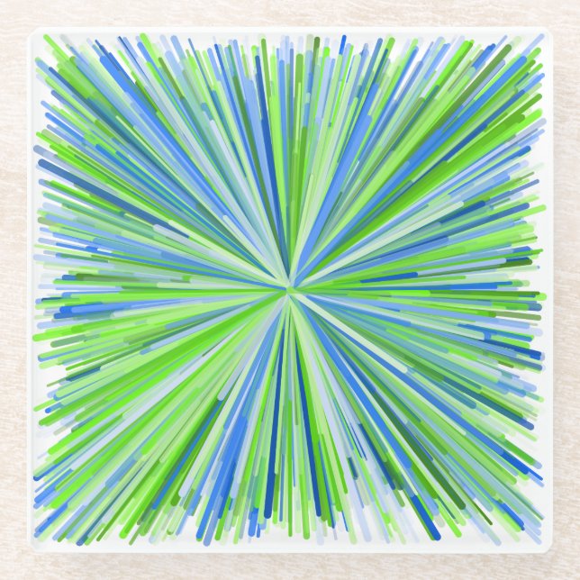 Shades of Green and Blue Line Burst Pattern Glass Coaster (Front)