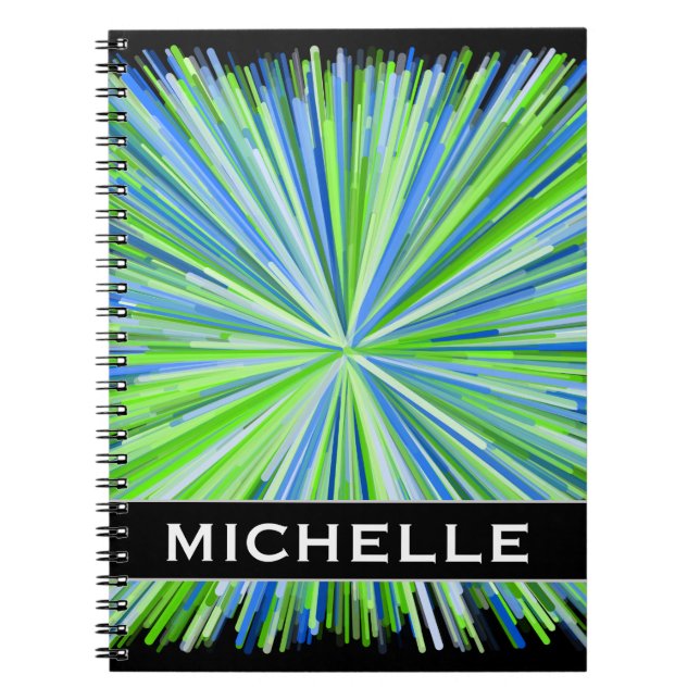 Shades of Green/Blue Line Burst Pattern + Name Notebook (Front)