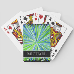 Shades of Green/Blue Line Burst Pattern + Name Playing Cards