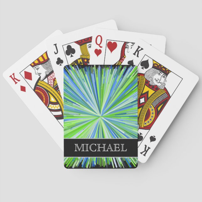 Shades of Green/Blue Line Burst Pattern + Name Playing Cards (Back)