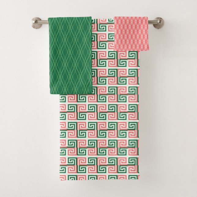 SHADES OF GREEN & CORAL PATTERNS & STRIPES BATH TOWEL SET (Insitu)