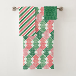 SHADES OF GREEN & CORAL PATTERNS & STRIPES BATH TOWEL SET