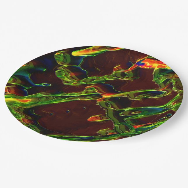 Shades of green drained in flame of fire paper plate (Angled)