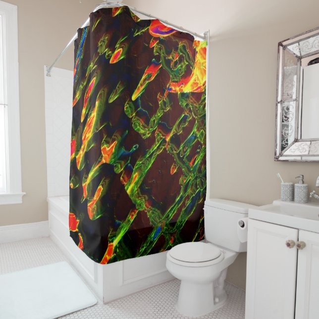 Shades of green drained in flame of fire shower curtain (In Situ)