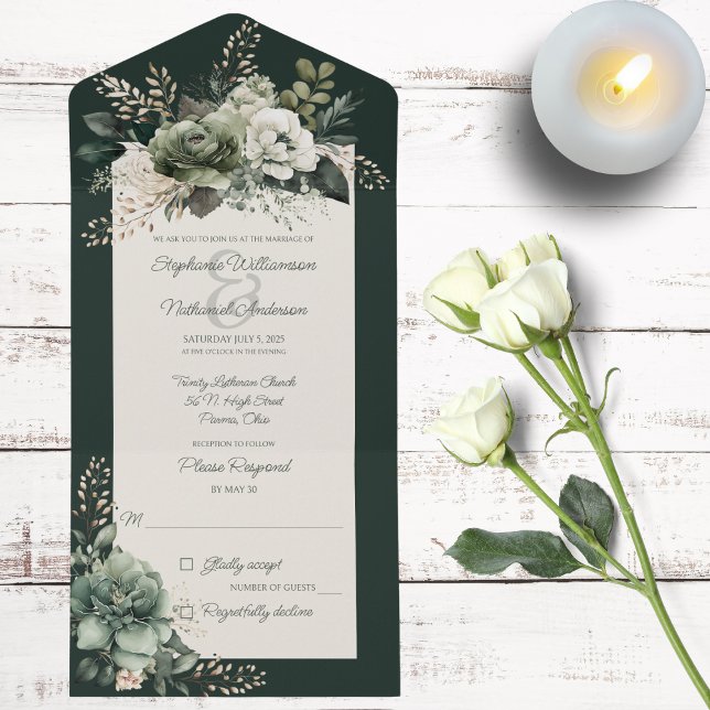 Shades of Green Floral All In One Invitation (Also available with QR code. )