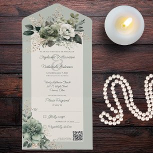 Shades of Green Floral QR Code All In One Invitation