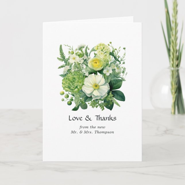 Shades of Green Floral Wedding Thank You Card (Front)