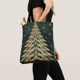 SHADES OF GREEN QUILTED LOOK CHRISTMAS TREES TOTE BAG