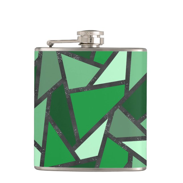 Shades of green stained glass pattern hip flask (Front)