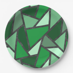 Shades of green stained glass pattern paper plate
