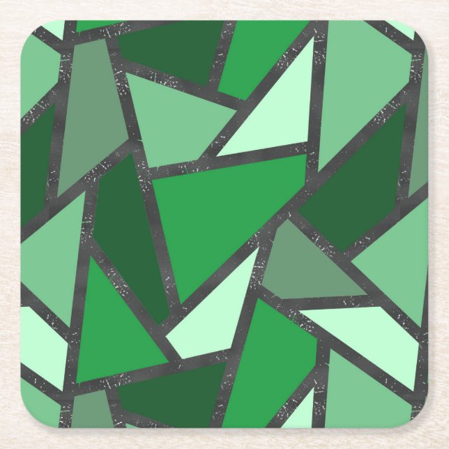 Shades of green stained glass pattern square paper coaster (Front)