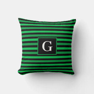 Shades of Green Striped Design Add Initial Black Cushion