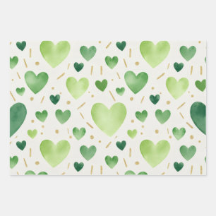 Shades of Green Watercolor Hearts and Gold Glitter Wrapping Paper Sheet