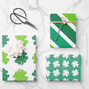 SHADES OF GREEN WITH WHITE IRISH SHAMROCKS WRAPPING PAPER SHEET