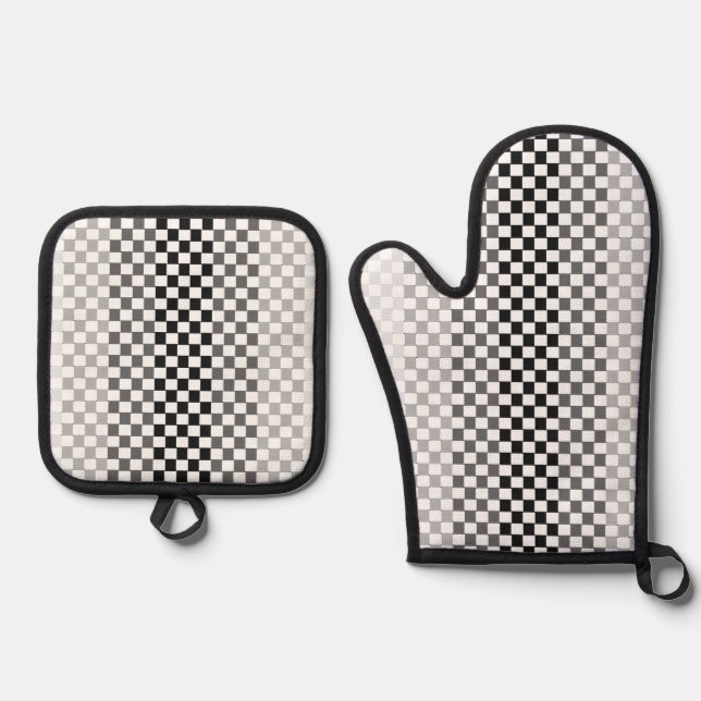 Shades of Grey Black White Chequered  Oven Mitt & Pot Holder Set (Front)