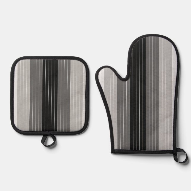 Shades of Grey Black White Striped Oven Mitt & Pot Holder Set (Front)