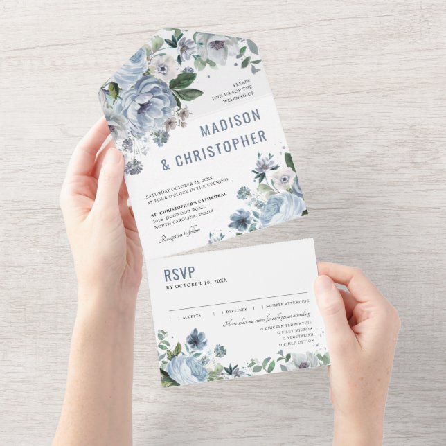 Shades of Grey Dusty Blue Winter Rustic Wedding Al All In One Invitation (Tearaway)