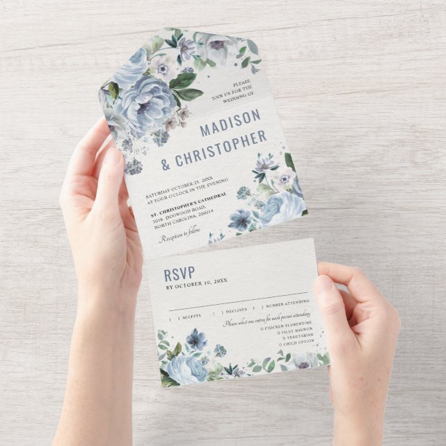 Shades of Grey Dusty Blue Winter Rustic Wedding All In One Invitation (Tearaway)
