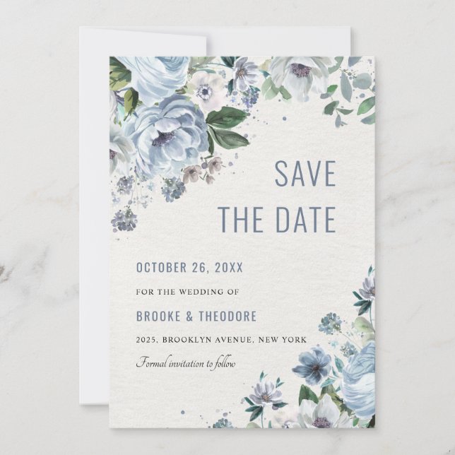 Shades of Grey Dusty Blue Winter Rustic Wedding Save The Date (Front)